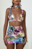 Colour Sexy Print Backless V Neck Sleeveless Two Pieces
