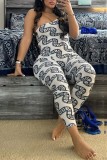 White Sexy Print Backless Oblique Collar Skinny Jumpsuits