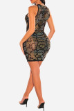 Black Sexy Patchwork Hot Drilling Hollowed Out O Neck Sleeveless Dress Dresses