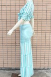 Blue Casual Striped Print Patchwork Frenulum V Neck Half Sleeve Two Pieces