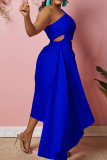 Royal Blue Sexy Solid Patchwork Asymmetrical Oblique Collar Irregular Dress Dresses