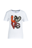 Red Casual Daily Print Patchwork Letter O Neck T-Shirts