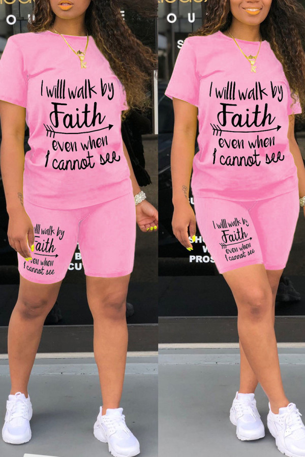 Pink Casual Print Patchwork O Neck Short Sleeve Two Pieces