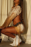 Brown Sexy Street Gradual Change Hollowed Out Strap Design O Neck Long Sleeve Two Pieces