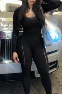 Black Sexy Casual Solid See-through O Neck Skinny Jumpsuits