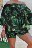 Green Casual Print Bandage Patchwork Off the Shoulder Plus Size Two Pieces