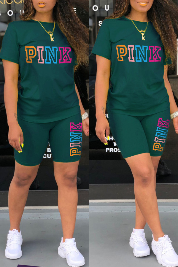 Ink Green Casual Letter Print Basic O Neck Short Sleeve Two Pieces
