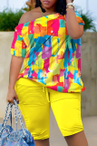 Rose Red Casual Work Street Gradual Change Print Solid Oblique Collar Short Sleeve Two Pieces