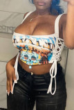 White Sexy Street Print Bandage Hollowed Out Patchwork Asymmetrical Spaghetti Strap Tops