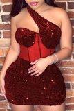 Burgundy Sexy Party Celebrities Solid Sequins Patchwork Oblique Collar One Step Skirt Dresses