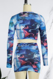 Blue Casual Print Basic O Neck Long Sleeve Two Pieces