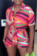 Rose Red Casual Print Patchwork Turndown Collar Short Sleeve Two Pieces