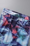 Blue Casual Print Basic O Neck Long Sleeve Two Pieces