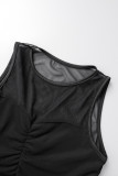 Black Sexy Solid Patchwork See-through O Neck Sleeveless Two Pieces