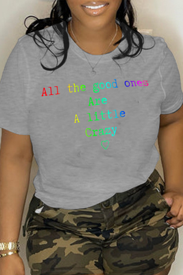 Grey Casual Basis Print Patchwork Letter O Neck T-Shirts