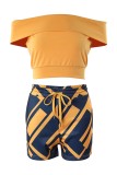 Rose Red Casual Print Backless Off the Shoulder Short Sleeve Two Pieces