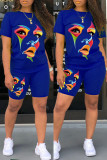 Red Casual Print Basic O Neck Short Sleeve Two Pieces