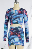 Blue Casual Print Basic O Neck Long Sleeve Two Pieces