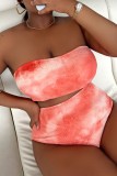 Orange Sexy Print Tie Dye Backless Strapless Plus Size Swimwear (With Paddings)