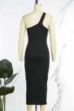 Green Sexy Casual Solid Backless Oblique Collar Sleeveless Dress Dresses