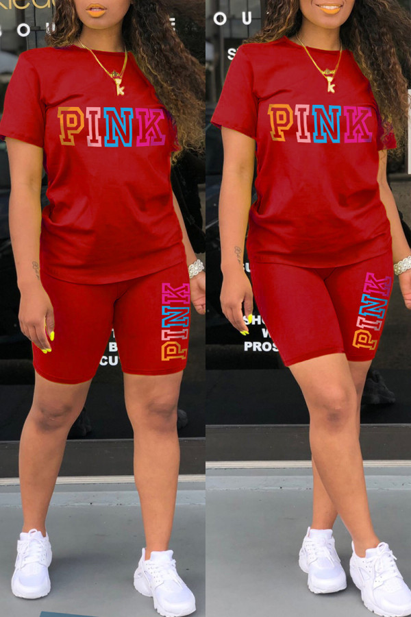 Red Casual Letter Print Basic O Neck Short Sleeve Two Pieces