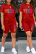 Red Casual Letter Print Basic O Neck Short Sleeve Two Pieces