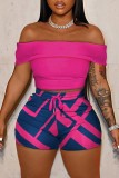 Rose Red Casual Print Backless Off the Shoulder Short Sleeve Two Pieces
