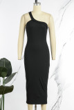 Green Sexy Casual Solid Backless Oblique Collar Sleeveless Dress Dresses