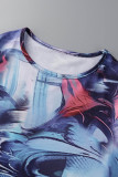 Blue Casual Print Basic O Neck Long Sleeve Two Pieces