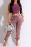 Rose Purple Casual Solid Patchwork O Neck Sleeveless Two Pieces