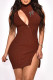 Brown Casual Print Hollowed Out Patchwork Zipper Turtleneck Sleeveless Dress Dresses