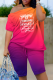 Rose Red Casual Work Street Gradual Change Print Solid Oblique Collar Short Sleeve Two Pieces