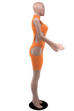 Orange Fashion Sexy Solid Hollowed Out Turtleneck Skinny Romper