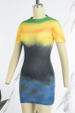 Rose Red Casual Gradual Change Print Half A Turtleneck Short Sleeve Dress