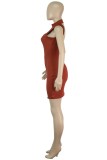 Apricot Casual Print Hollowed Out Patchwork Zipper Turtleneck Sleeveless Dress Dresses