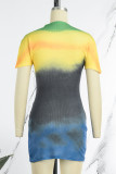 Rose Red Casual Gradual Change Print Half A Turtleneck Short Sleeve Dress