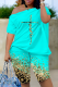 Lake Blue Casual Work Street Gradual Change Print Solid Oblique Collar Short Sleeve Two Pieces