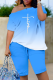 Sky Blue Casual Work Street Gradual Change Print Solid Oblique Collar Short Sleeve Two Pieces