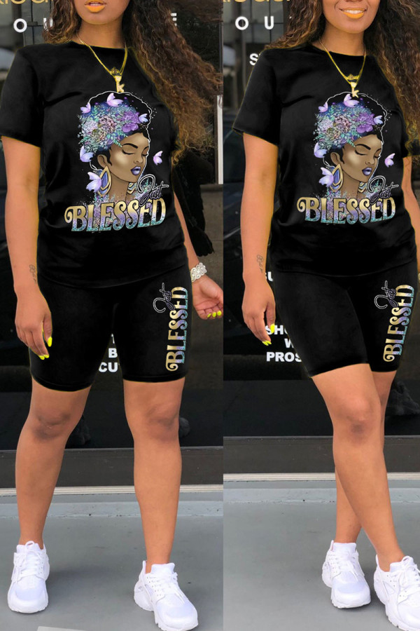 Black Casual Print Patchwork O Neck Short Sleeve Two Pieces