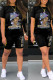Black Casual Print Patchwork O Neck Short Sleeve Two Pieces
