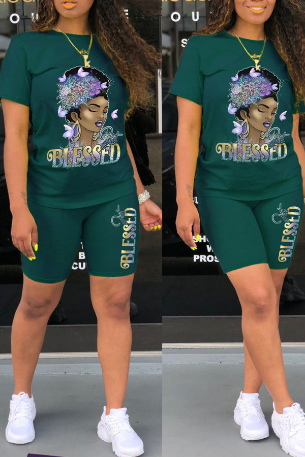 Ink Green Casual Print Patchwork O Neck Short Sleeve Two Pieces