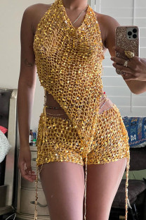 Gold Sexy Solid Patchwork Backless Hooded Collar Sleeveless Two Pieces