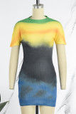Rose Red Casual Gradual Change Print Half A Turtleneck Short Sleeve Dress