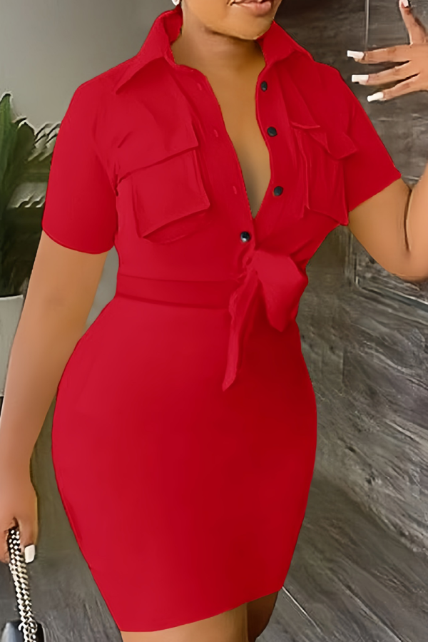 Red Casual Solid Patchwork Turndown Collar Pencil Skirt Dresses