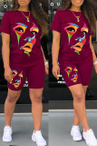 Red Casual Print Basic O Neck Short Sleeve Two Pieces
