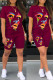 Burgundy Casual Print Basic O Neck Short Sleeve Two Pieces
