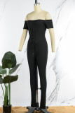 Green Casual Solid Backless Off the Shoulder Skinny Jumpsuits