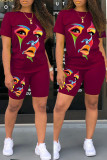 Red Casual Print Basic O Neck Short Sleeve Two Pieces