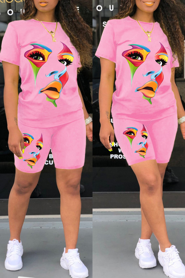 Pink Casual Print Basic O Neck Short Sleeve Two Pieces