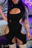 Black Fashion Sexy Solid Hollowed Out Turtleneck Skinny Romper